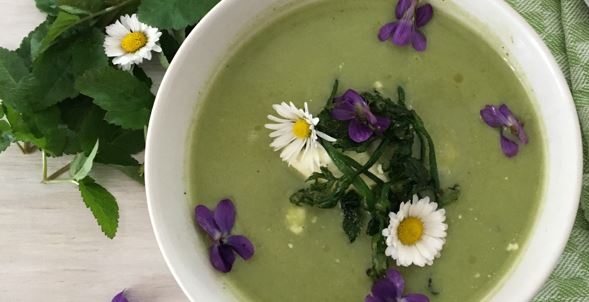 Gründonnerstagsuppe grüne Suppe mit Veilchen und Gänseblümchen als Dekoration